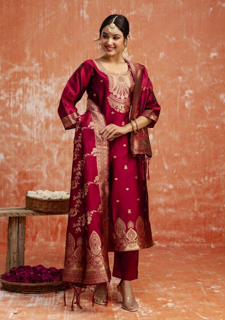Maroon Woven Cotton Poly Salwar Kameez With Dupatta