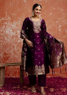 Purple Woven Cotton Poly Salwar Kameez With Dupatta