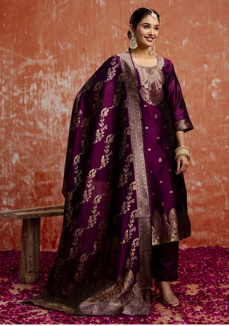 Purple Woven Cotton Poly Salwar Kameez With Dupatta