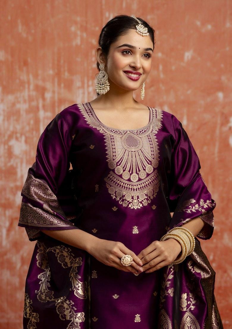 Purple Woven Cotton Poly Salwar Kameez With Dupatta
