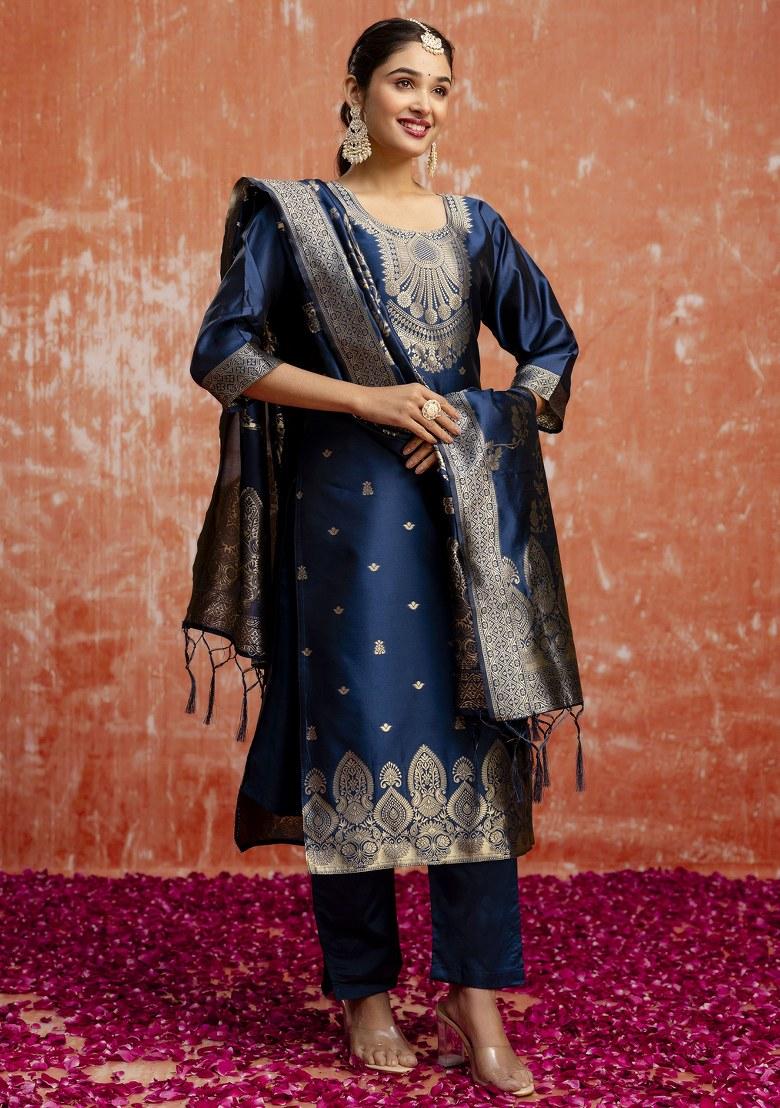 Teal Blue Woven Cotton Poly Salwar Kameez With Dupatta