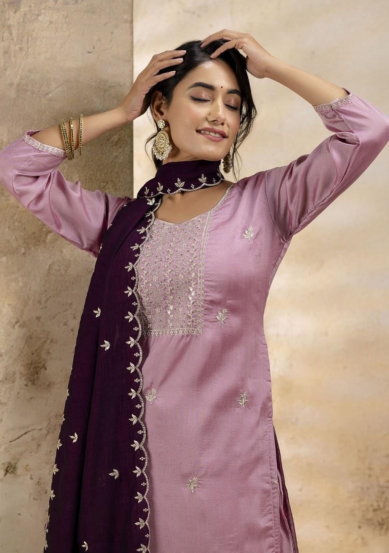 Lavender Embroidered Art Silk Salwar Kameez With Dupatta
