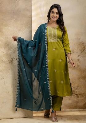Green Embroidered Art Silk Salwar Kameez With Dupatta
