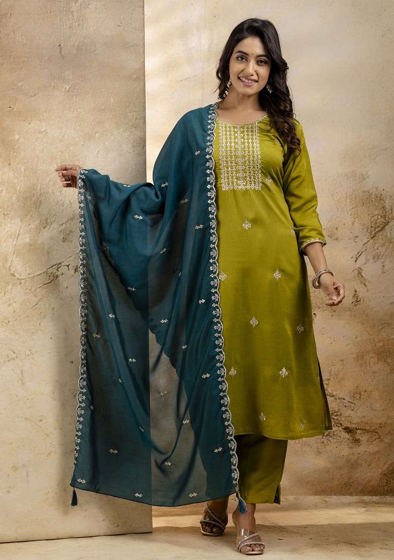 Green Embroidered Silk Straight Kurta Set - Indya