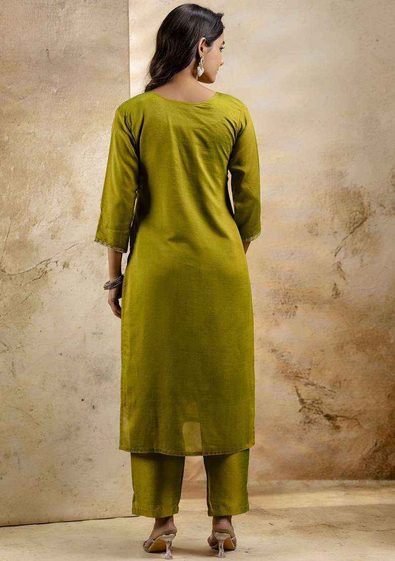 Green Embroidered Silk Straight Kurta Set - Indya