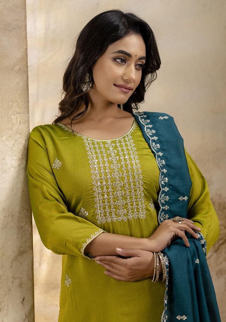 Green Embroidered Art Silk Salwar Kameez With Dupatta