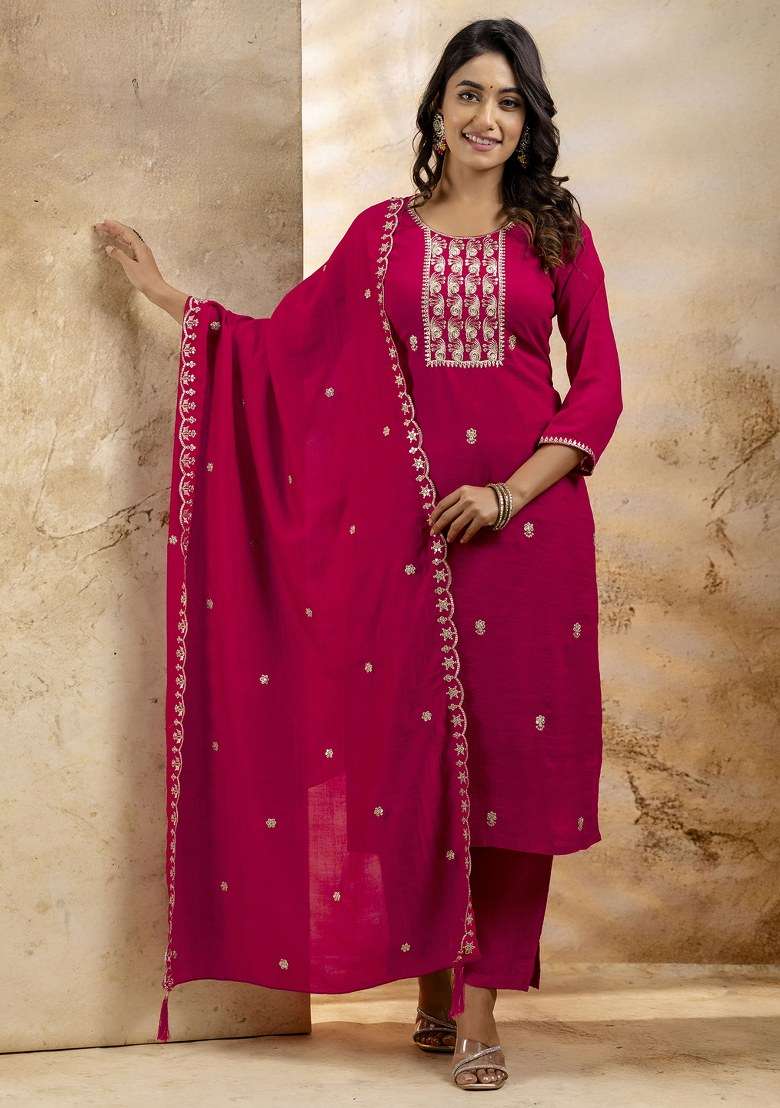 Pink Embroidered Silk Straight Kurta Set - Indya