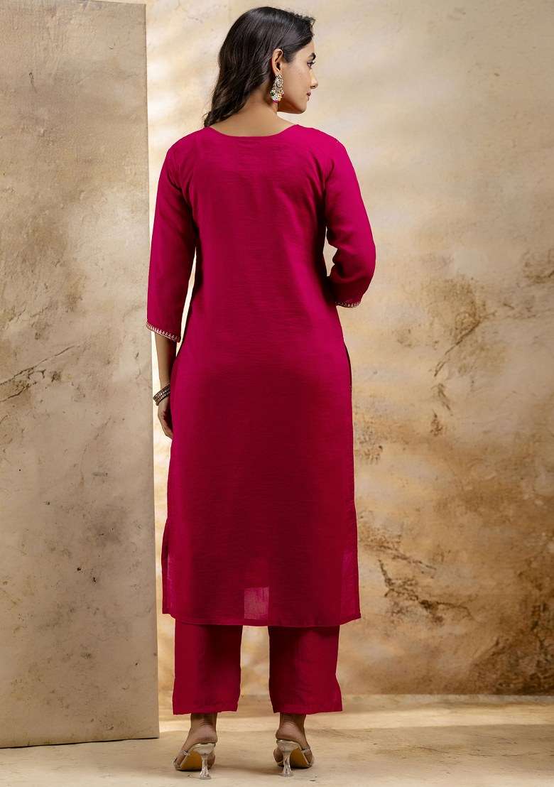 Pink Embroidered Silk Straight Kurta Set - Indya