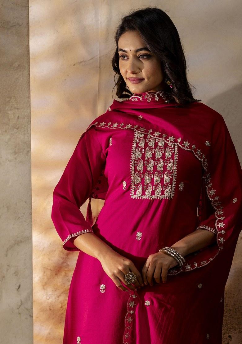 Pink Embroidered Art Silk Salwar Kameez With Dupatta