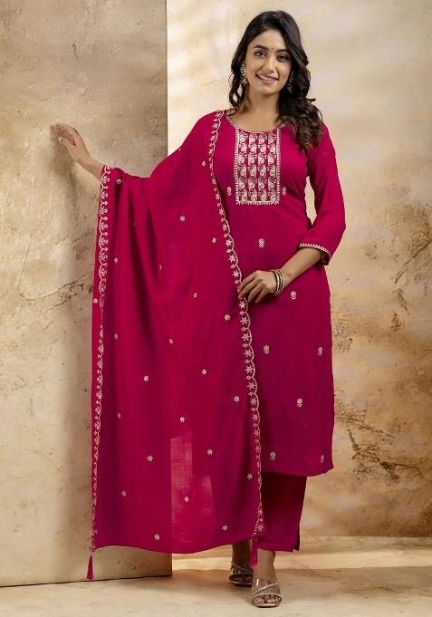 Pink Embroidered Art Silk Salwar Kameez With Dupatta