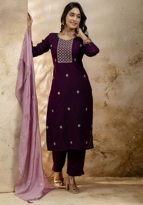 Purple Embroidered Art Silk Salwar Kameez With Dupatta