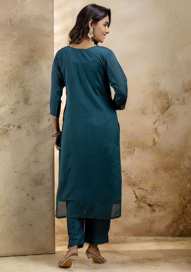 Green Embroidered Silk Straight Kurta Set - Indya