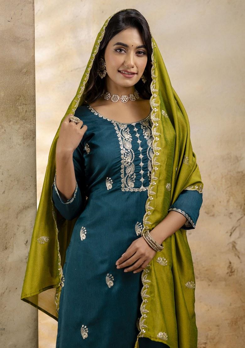 Green Embroidered Art Silk Salwar Kameez With Dupatta