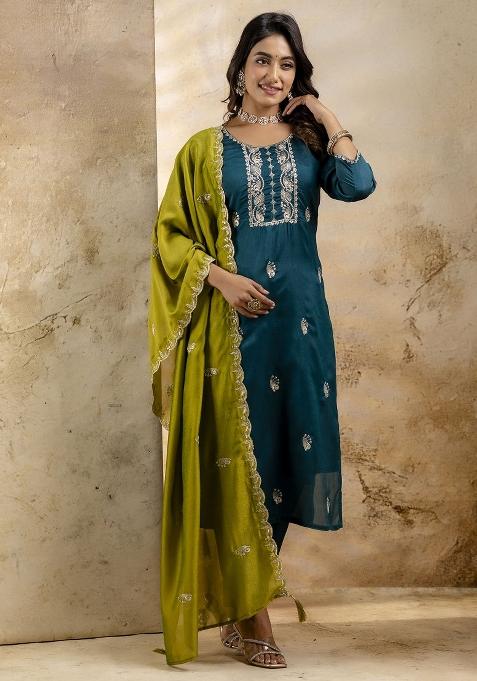 Green Embroidered Art Silk Salwar Kameez With Dupatta