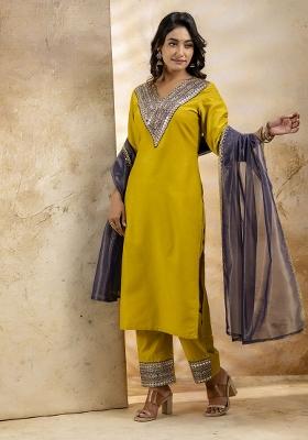 Mustard Yellow Embroidered Viscose Salwar Kameez With Dupatta