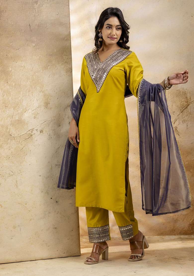 Mustard Yellow Embroidered Viscose Pakistani Suit Set - Indya
