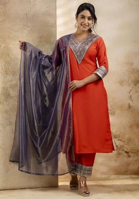Orange Embroidered Viscose Salwar Kameez With Dupatta