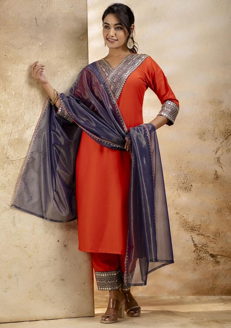 Orange Embroidered Viscose Salwar Kameez With Dupatta