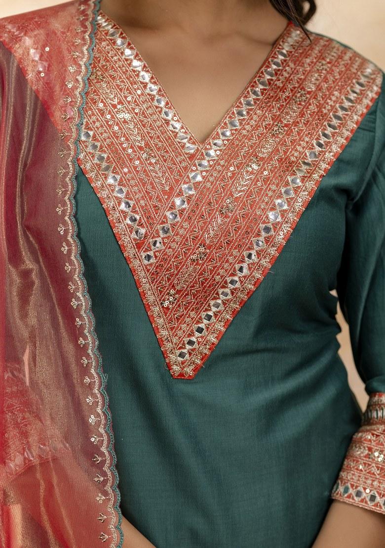 Green Embroidered Viscose Salwar Kameez With Dupatta