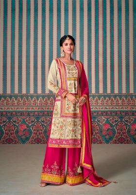 Beige Woven Chiffon Palazzo Set With Dupatta