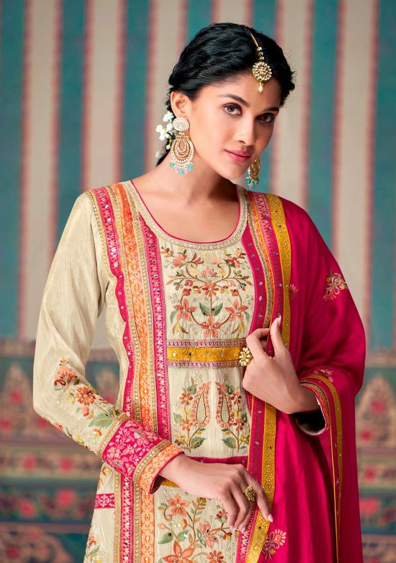 Beige Printed Chiffon Sharara Set - Indya