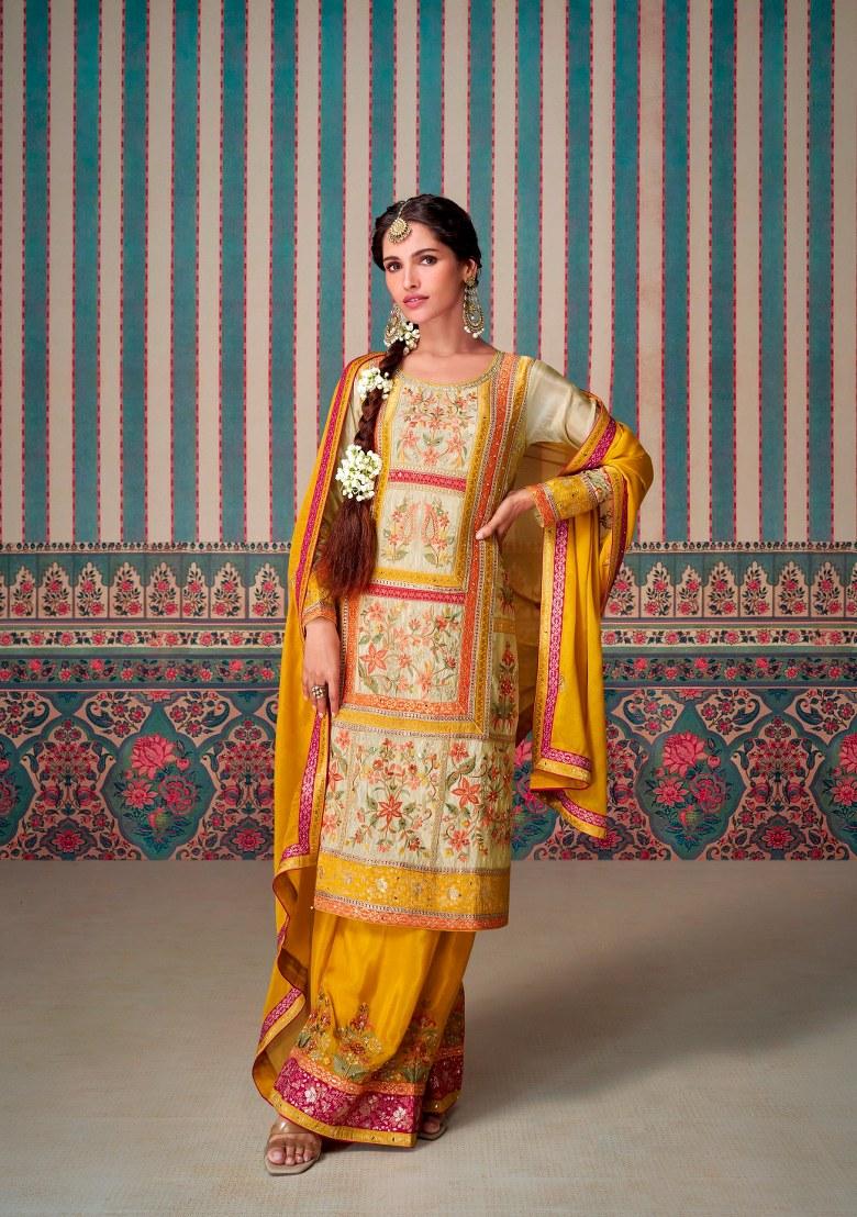 Beige Woven Chiffon Palazzo Set With Dupatta