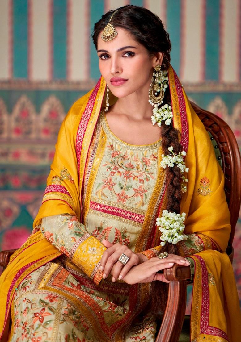 Beige Woven Chiffon Palazzo Set With Dupatta