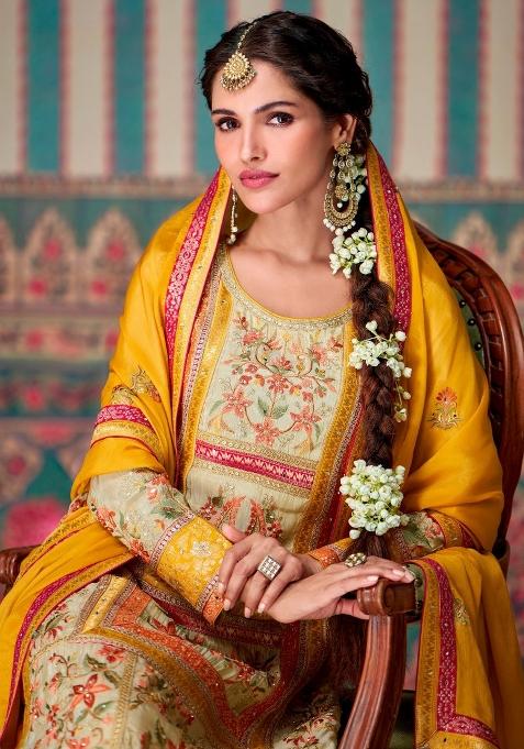 Beige Woven Chiffon Palazzo Set With Dupatta