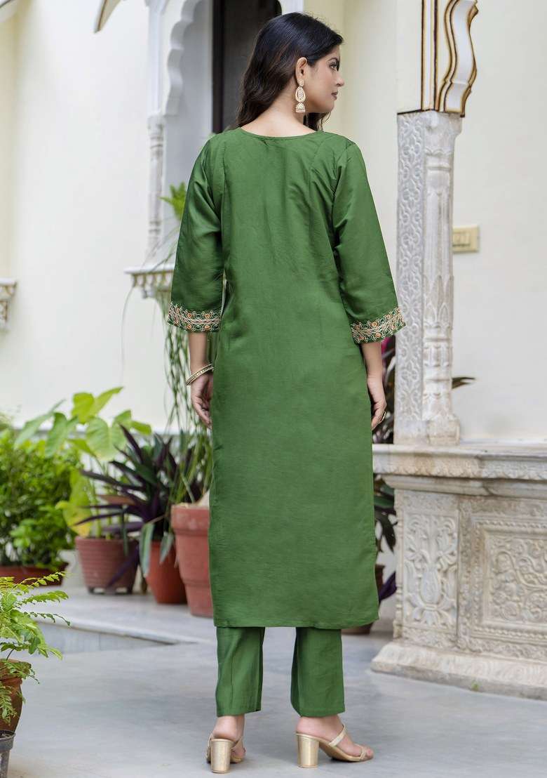 Green Embroidered Silk Straight Kurta Set - Indya