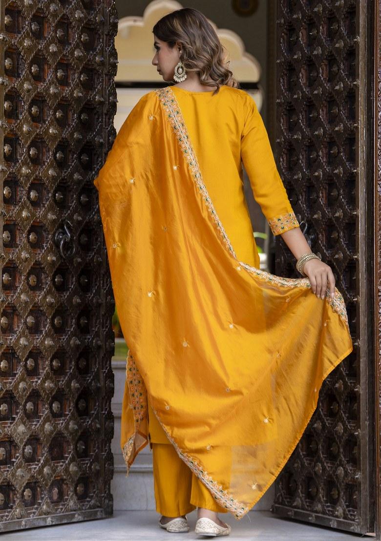 Yellow Embroidered Art Silk Salwar Kameez With Dupatta