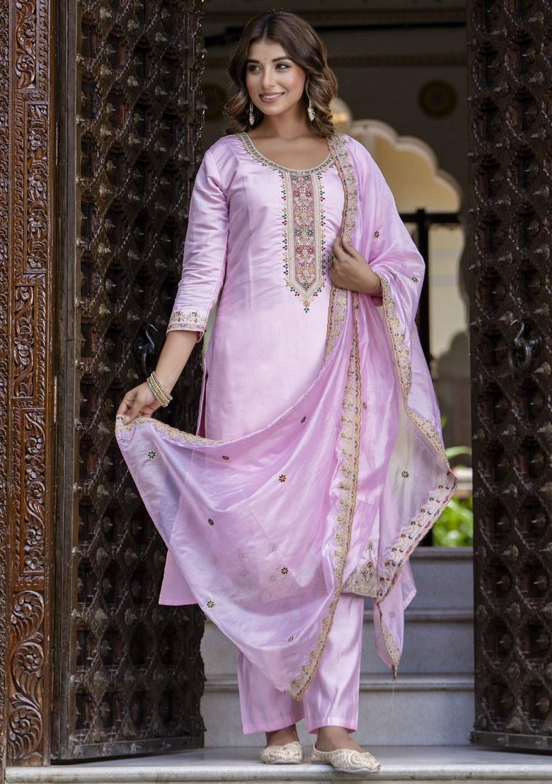 Light Pink Embroidered Art Silk Salwar Kameez With Dupatta