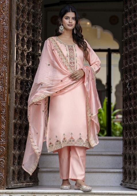 Peach Embroidered Art Silk Salwar Kameez With Dupatta