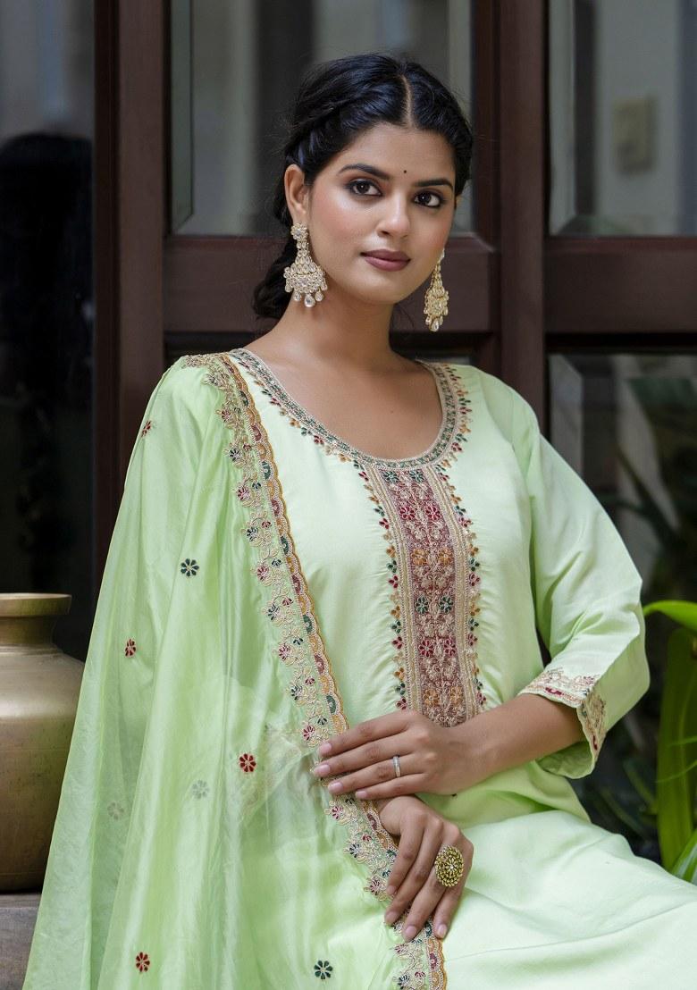 Green Embroidered Art Silk Salwar Kameez With Dupatta