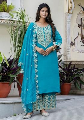 Teal Blue Embroidered Art Silk Salwar Kameez With Dupatta