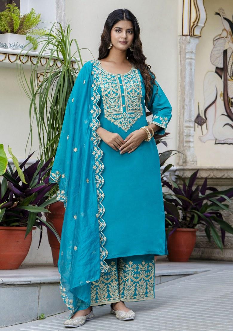 Teal Blue Embroidered Art Silk Salwar Kameez With Dupatta