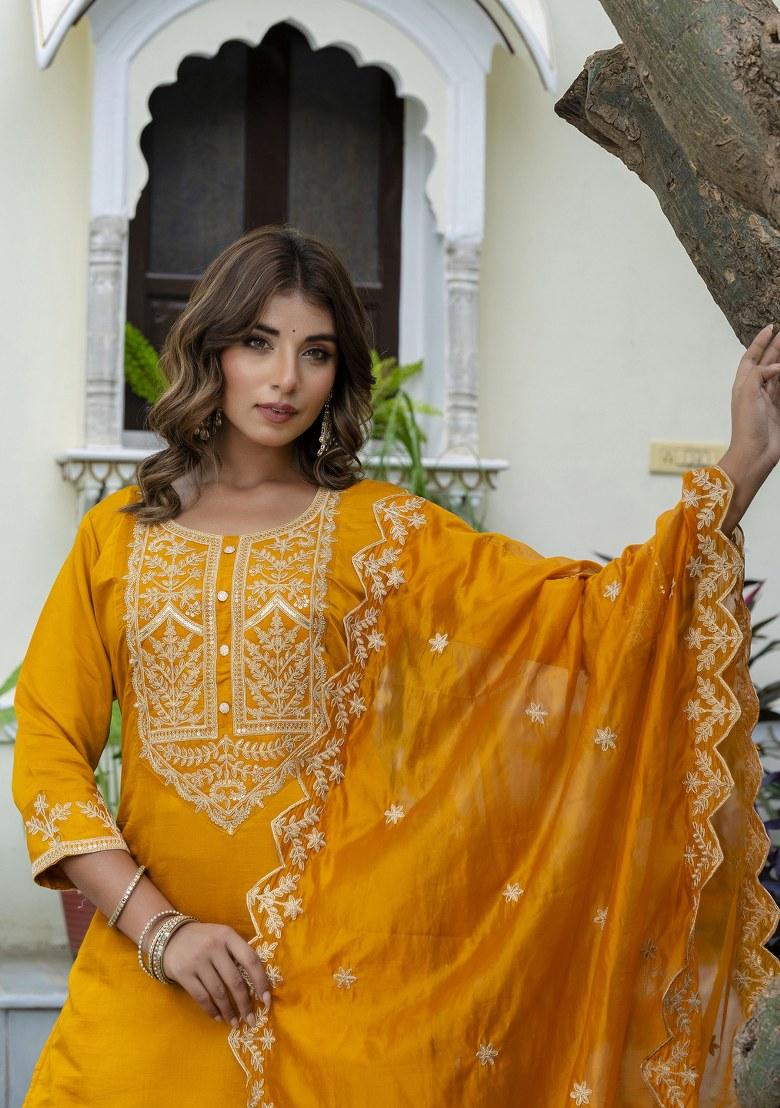 Mustard Yellow Embroidered Art Silk Salwar Kameez With Dupatta