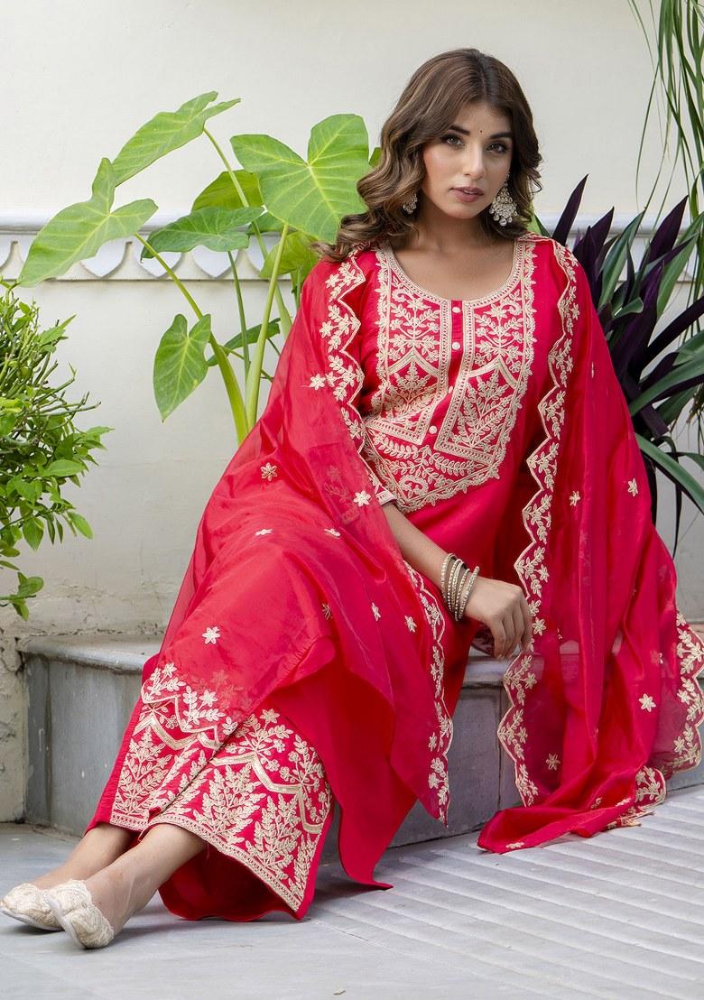 Pink Embroidered Art Silk Salwar Kameez With Dupatta