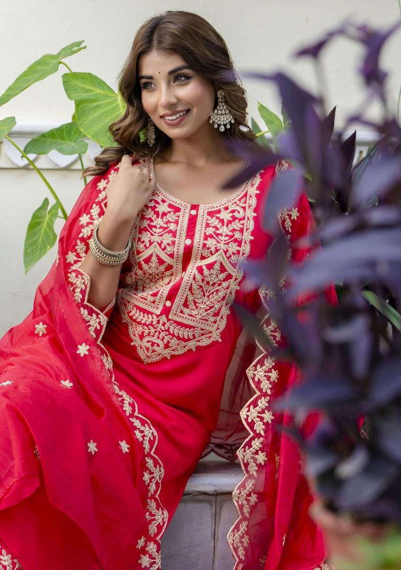 Pink Embroidered Art Silk Salwar Kameez With Dupatta