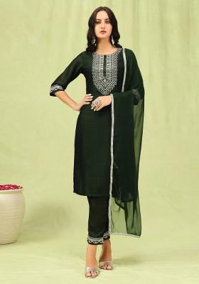 Green Embroidered Silk Salwar Kameez With Dupatta