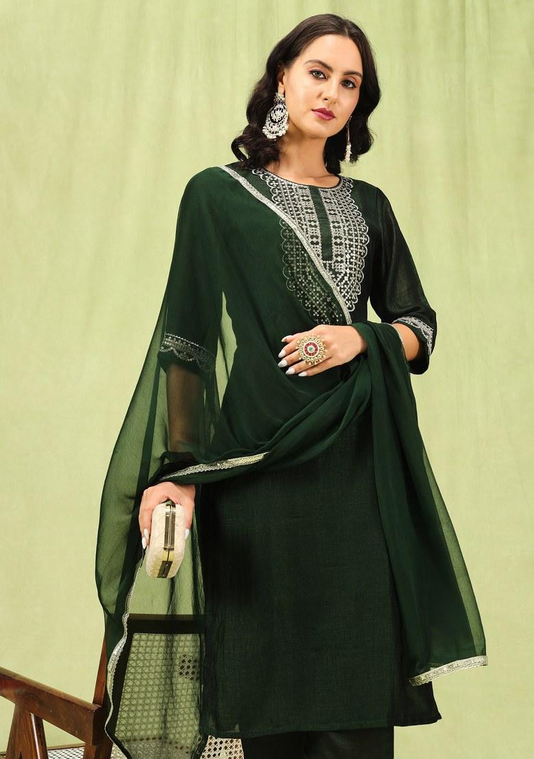 Green Embroidered Silk Salwar Kameez With Dupatta
