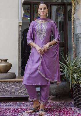 Lavender Embroidered Silk Salwar Kameez With Dupatta