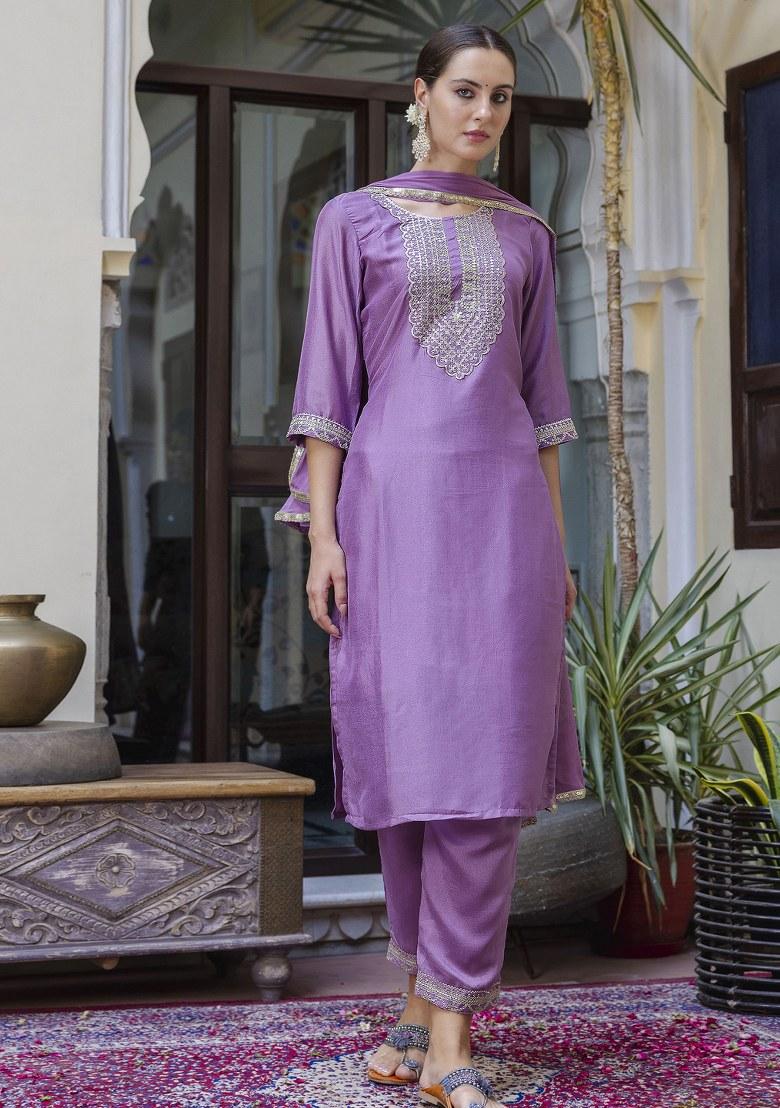 Lavender Embroidered Silk Salwar Kameez With Dupatta