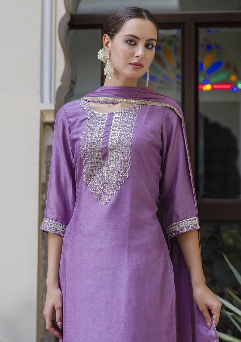 Lavender Embroidered Silk Salwar Kameez With Dupatta