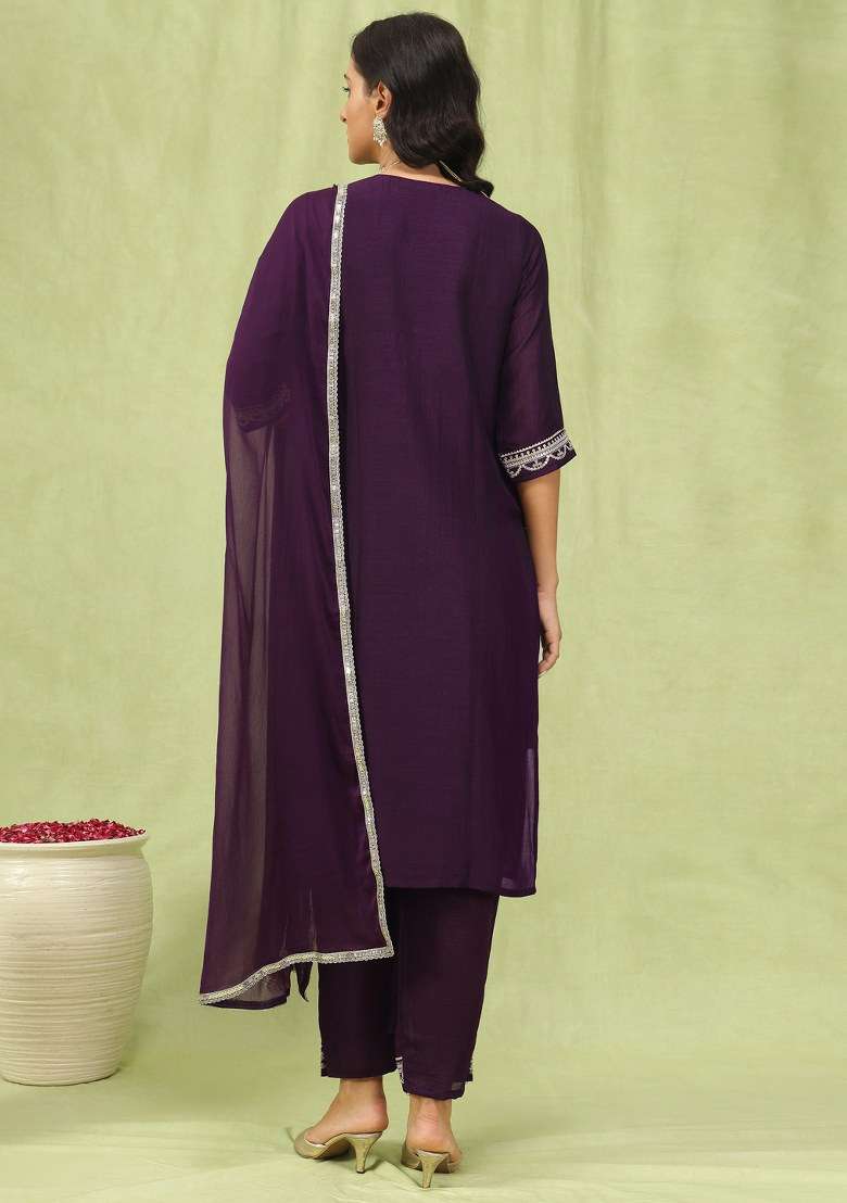 Purple Embroidered Silk Straight Kurta Set - Indya