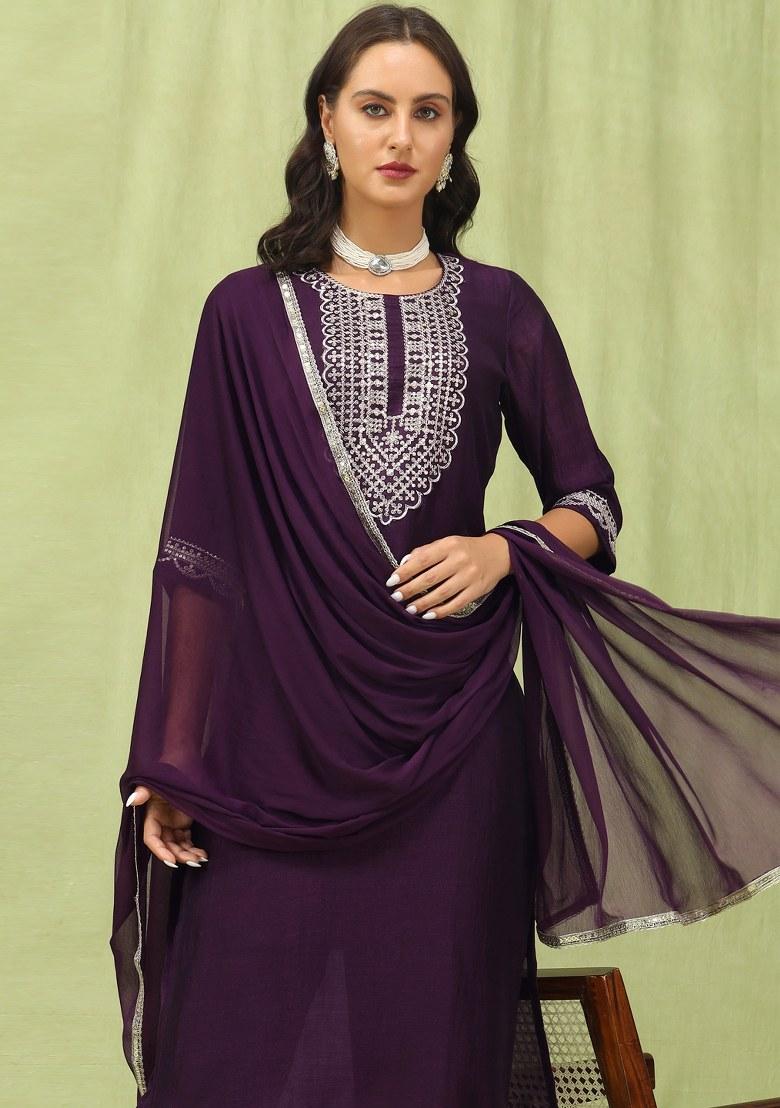 Purple Embroidered Silk Salwar Kameez With Dupatta
