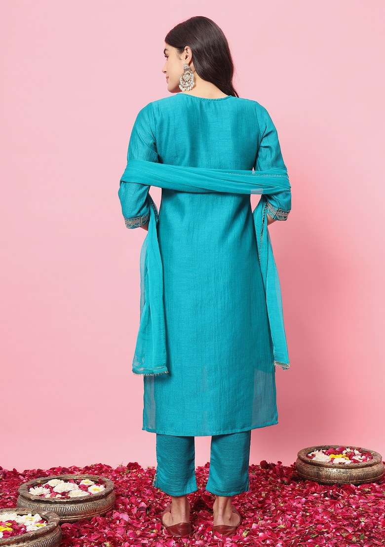 Green Embroidered Silk Salwar Kameez With Dupatta - Indya
