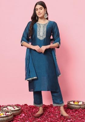Blue Embroidered Silk Salwar Kameez With Dupatta