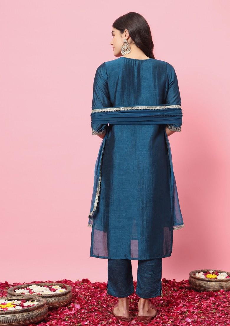 Blue Embroidered Silk Salwar Kameez With Dupatta