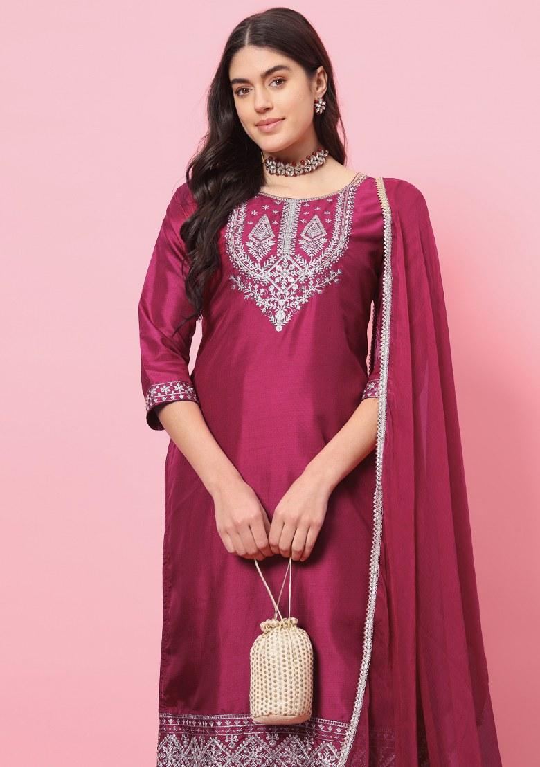 Red Embroidered Silk Salwar Kameez With Dupatta