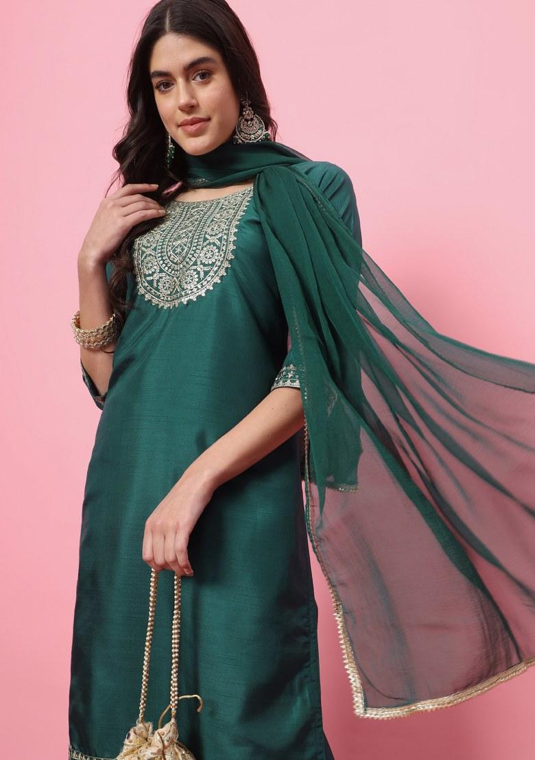 Green Embroidered Silk Salwar Kameez With Dupatta